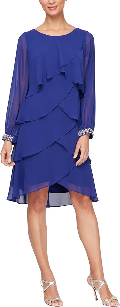 S.L. Fashions Women's Long-Sleeve Chiffon Cocktail Dress (Petite and Regular)