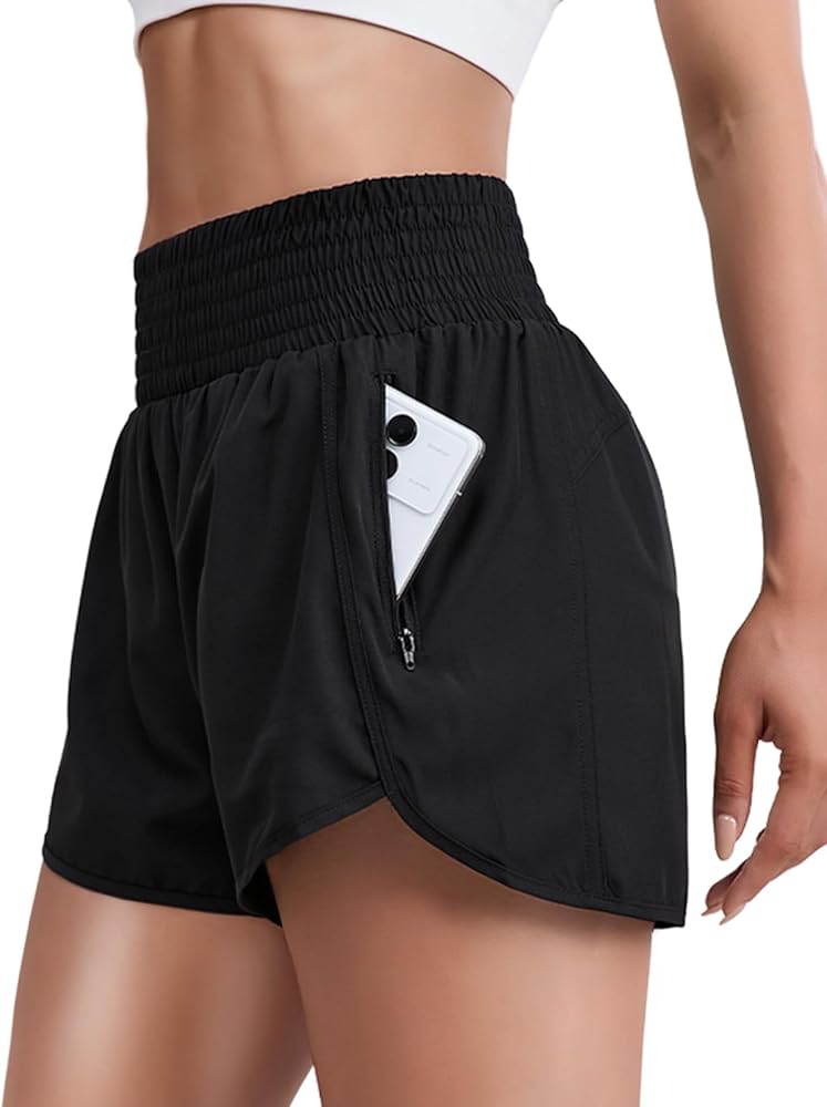 Women's Quick-Dry Running Shorts Athletic High Waisted Shorts for Women with Zipper Pockets Elastic Shorts