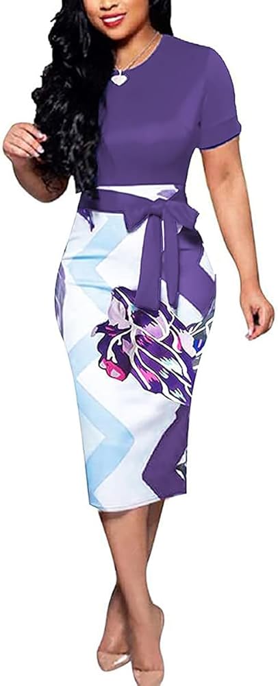 Nhicdns Women's Bodycon Dresses Midi Work Pencil Dress Tea Party Floral Print Dress Church Cocktail Dresses with Belt