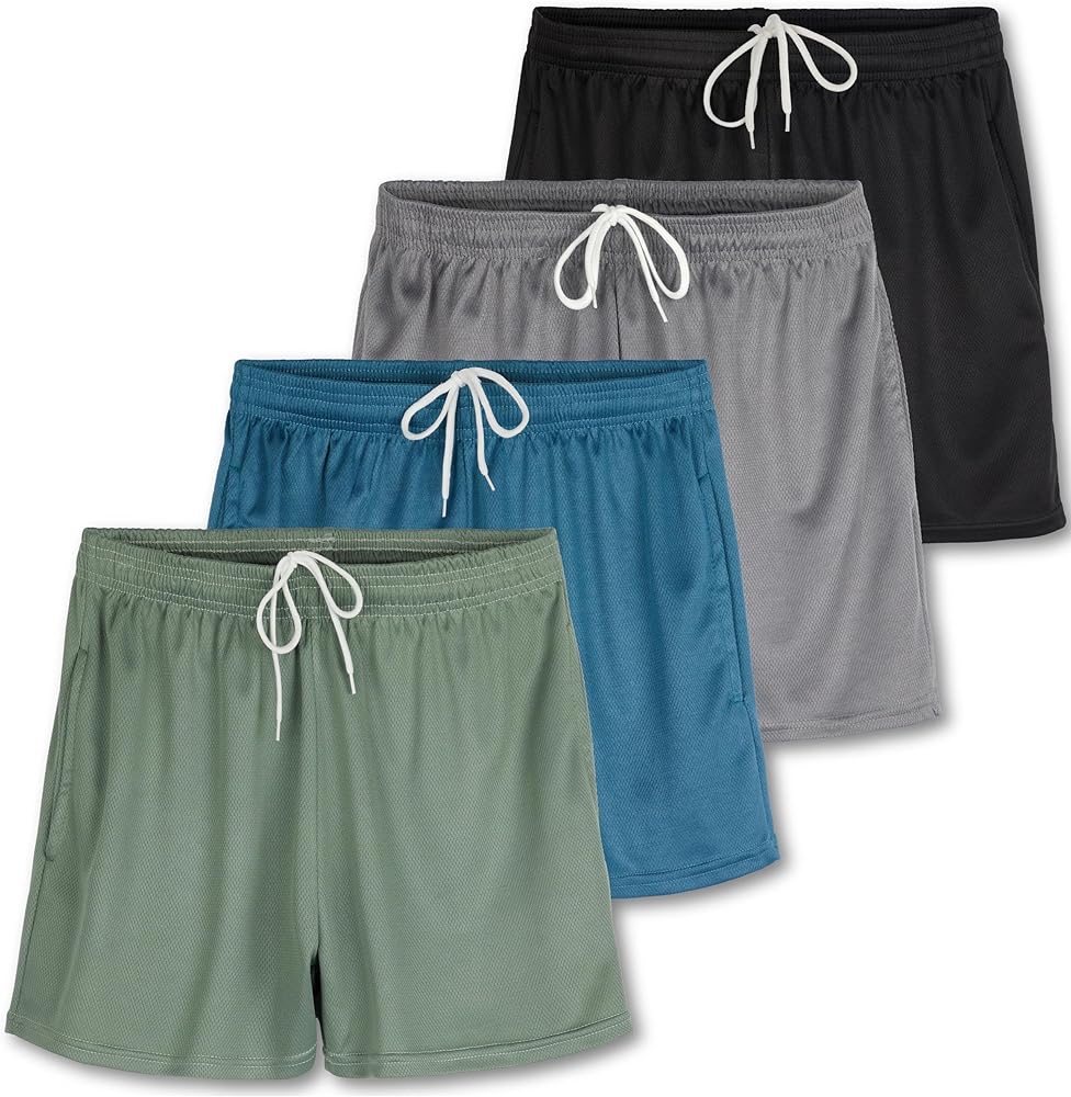 Real Essentials 4 Pack: Womens Active Athletic Performance Mesh Shorts with Pockets (Available in Plus Size)