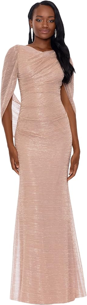 Betsy & Adam Women's Long Stretchy Metallic 3/4 Sleeve Cowl Neck Drape Back Formal Dress