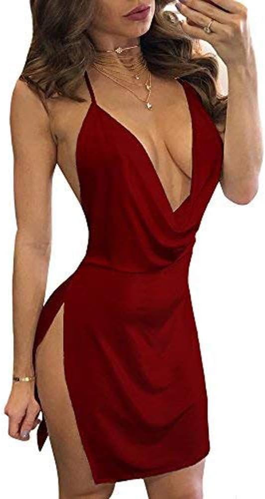 Women's Sexy Backless V Neck Mini Dress High Slit Club Night Out Party Cocktail Dresses