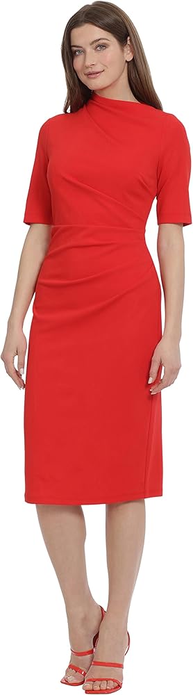 Maggy London Women's Side Pleat Dress with Asymmetric Neck and Elbow Sleeves